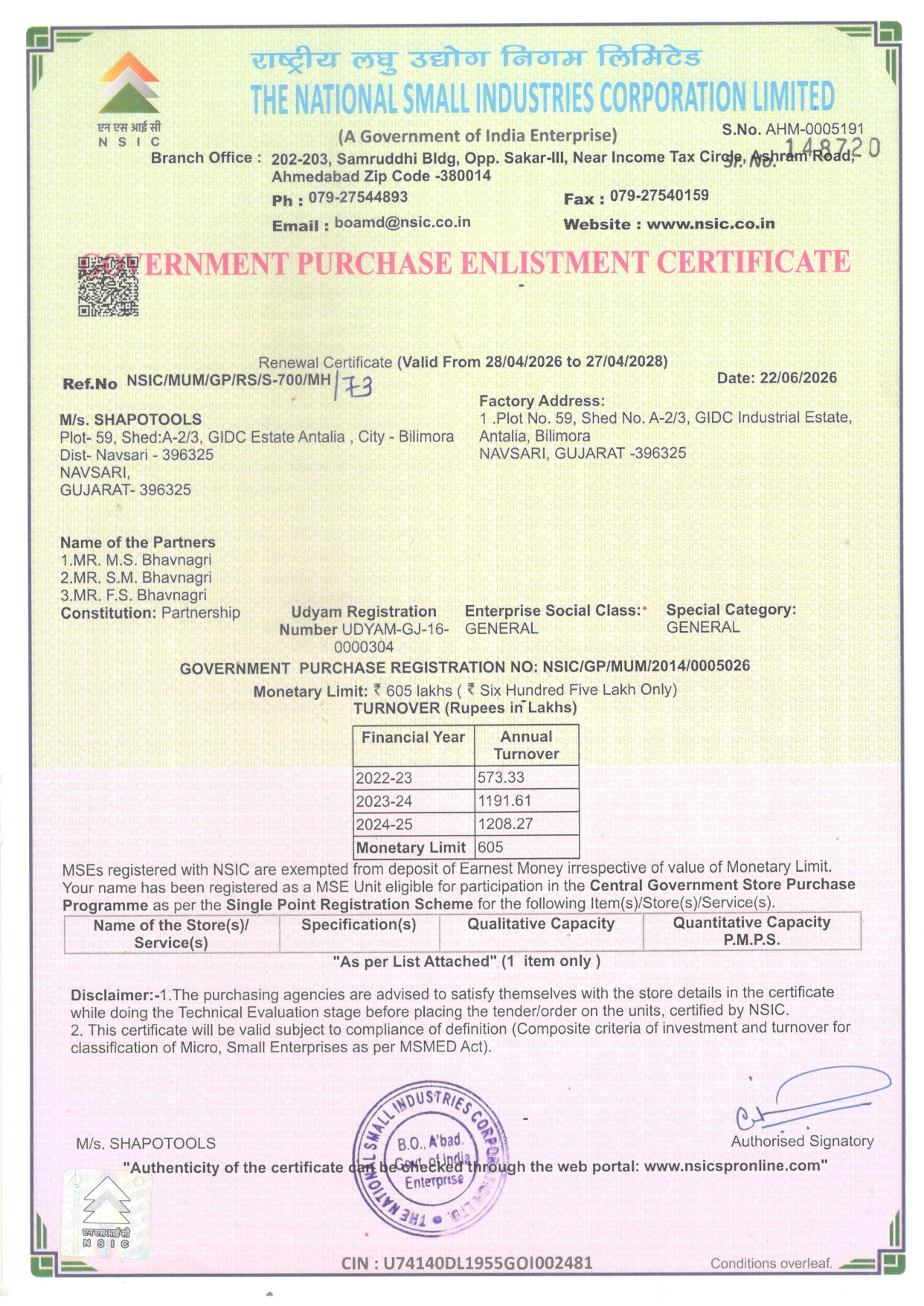 NSIC Government Purchase Enlistment Certificate valid 28/04/2026 to 27/04/2028