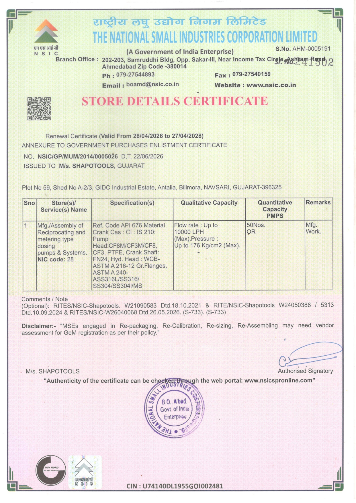 NSIC Store Details Certificate valid 28/04/2026 to 27/04/2028